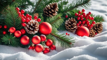 Fototapeta premium Isolated Berry Branch and Pine Tree Cone with Christmas Red Berries Decoration on Snowy Winter Background