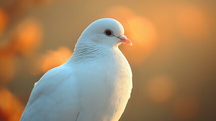White dove in profile against blurred orange sunset bokeh background, symbol of peace and purity, soft feathers illuminated by warm evening light.