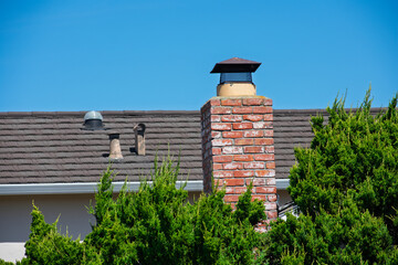 Red brick chimney with a black cap rises above a shingled roof, framed by green shrubs