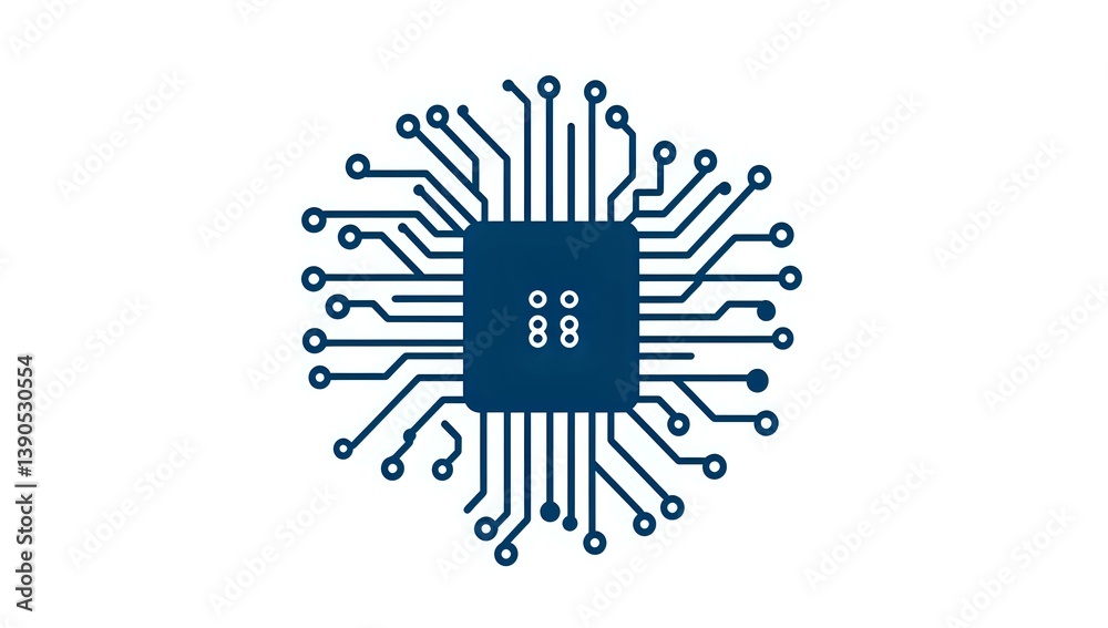 Poster minimalist microchip processor icon with circuit board pathways radiating in circular pattern, isola