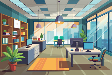 A spacious office features contemporary furniture and colorful decor, with a view of the city skyline through large windows illuminating the space.