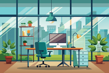 The workspace features a desk with a computer, a comfortable chair, and greenery, illuminated by natural light pouring through large windows overlooking the city skyline.