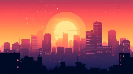 Sunset cityscape illustration.