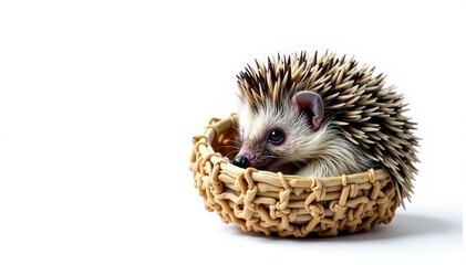 Tiny hedgehog curled in a ball, isolated on pure white background, stock photo, high resolution