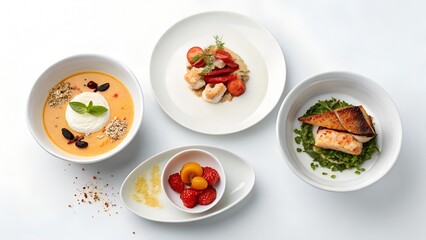 Culinary Ensemble: An array of elegantly presented dishes, showcasing a vibrant selection of fresh, gourmet ingredients, meticulously arranged to captivate the senses. 