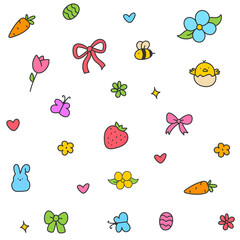 Hello April . Cute set of spring elements. Birds, flowers, insects, leaves.  flowers in bloom, geese and rabbits, vintage style, vector design. Happy Easter poster. Easter eggs and bunny in flowers 