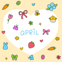 Hello April . Cute set of spring elements. Birds, flowers, insects, leaves.  flowers in bloom, geese and rabbits, vintage style, vector design. Happy Easter poster. Easter eggs and bunny in flowers 