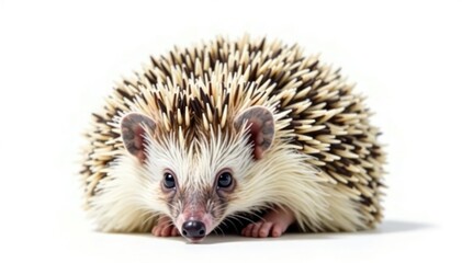 Tiny hedgehog curled in a ball, isolated on pure white background, white background, hedgehog, nature