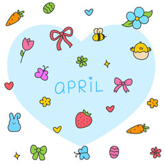 Hello April . Cute set of spring elements. Birds, flowers, insects, leaves.  flowers in bloom, geese and rabbits, vintage style, vector design. Happy Easter poster. Easter eggs and bunny in flowers 