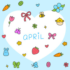 Hello April . Cute set of spring elements. Birds, flowers, insects, leaves.  flowers in bloom, geese and rabbits, vintage style, vector design. Happy Easter poster. Easter eggs and bunny in flowers 