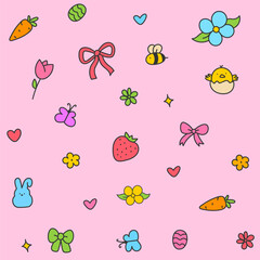 Hello April . Cute set of spring elements. Birds, flowers, insects, leaves.  flowers in bloom, geese and rabbits, vintage style, vector design. Happy Easter poster. Easter eggs and bunny in flowers 