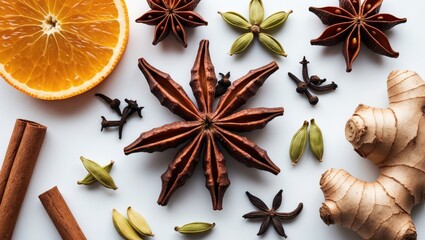 Fototapeta premium Top-down view of a mixture of seasonal mulling spices comprising dry cinnamon sticks, orange slice, cloves, anise star, cardamom, fresh ginger, and black pepper isolated on a clear background