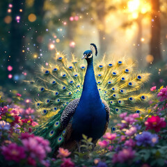 Majestic peacock with iridescent plumage amidst vibrant flowers in a magical garden setting.