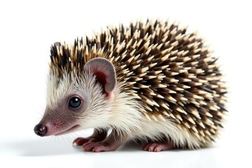 Tiny hedgehog, curled in defense, isolated on pure white background, element, photography, illustration