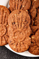 Cookie chocolate nuts sweet cereal dessert organic fresh tasty gourmet food background on the table rustic food top view copy space