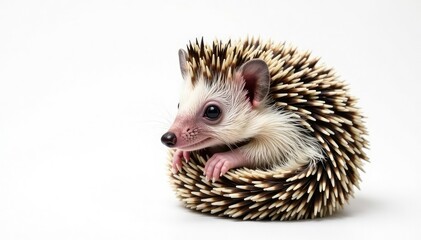 Tiny hedgehog on pure white background, curled in a ball , cute, white background