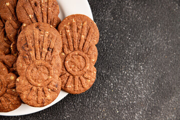 Cookie chocolate nuts sweet cereal dessert organic fresh tasty gourmet food background on the table rustic food top view copy space