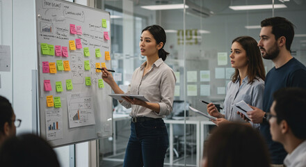 A focused team brainstorming innovative ideas during a dynamic project meeting, using colorful sticky notes and a whiteboard, in a modern office setting.