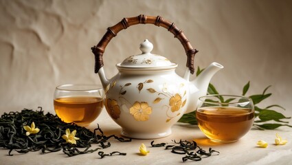 Fototapeta premium Asian teapot filled with herbal tea. Composition of natural leaves, herbal infusion. Top view, flat lay, room for copy.