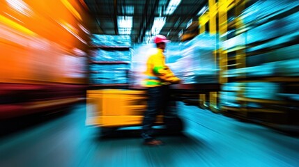 Person operating a pallet jack with a blurred warehouse background
