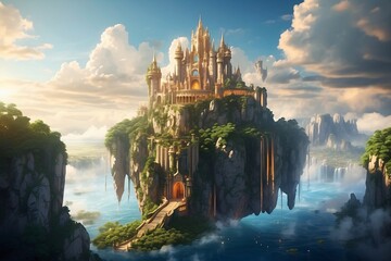 Fantasy Castle in the Sky with Magical Floating Islands and Golden Sunlight
