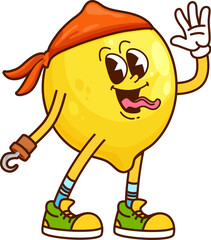 Cartoon groovy lemon fruit pirate and corsair character dressed in orange bandana waving hand and showing tongue. Isolated vector sailor citrus fruit personage with playful expression and retro vibe