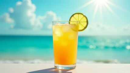 Refreshing tropical juice with lime slice on sunny beach background in summer.
