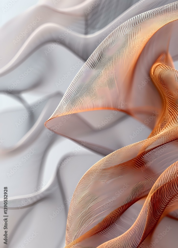 Poster abstract flowing fabric in white and orange creates elegant waves and folds with soft shadows and de