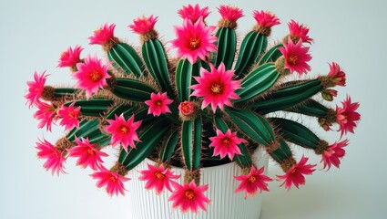 Stunning cacti houseplant in full bloom with vivid pink and red flowers in a white container on a white background