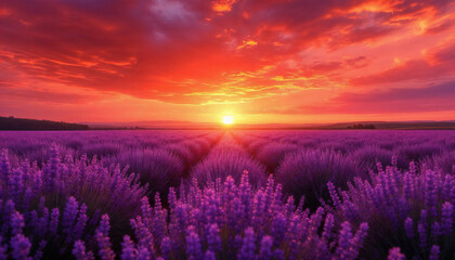 Lavender Sunset Symphony: An ethereal panorama of lavender fields bathed in the radiant glow of a breathtaking sunset.