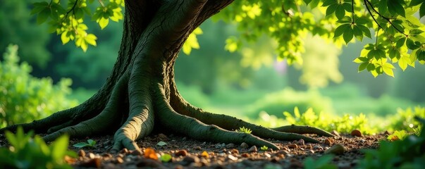 Tree's gnarled roots stretch across the ground, earthy, rustic, green