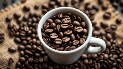 Fototapeta premium Top view of a coffee cup filled with brown decaf roasted coffee beans. Roasted coffee beans on a flat surface. Coffee beans theme.
