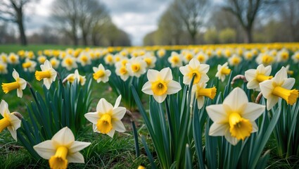Fototapeta premium As spring blossoms, radiant daffodils appear among the verdant grass, their sunny petals infusing color into the rejuvenating landscape.