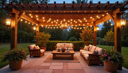Fototapeta premium Magical evening retreat under lantern-lit pergola, outdoor relaxation