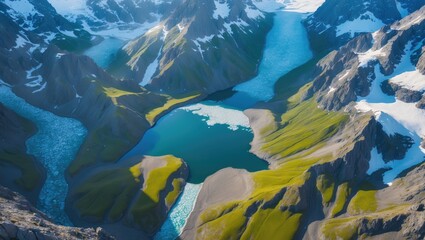 An impressive aerial view of a glacial lake surrounded by majestic mountains. This picture emphasizes the difference between vibrant green valleys, rugged landscape, and traces of glacial ice.