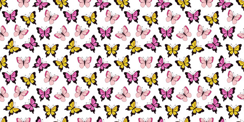 Seamless vector pattern featuring yellow, pink, and peach butterflies with black outlines, arranged in a regular layout on a white background, cartoon style