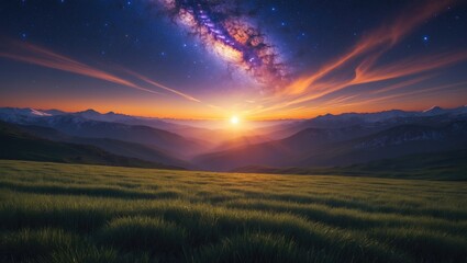 Fototapeta premium Gorgeous sunrise featuring stars and the galaxy against a night backdrop.
