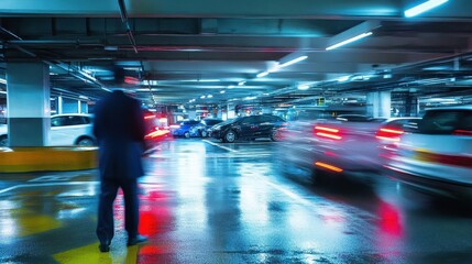 Obraz premium A person standing in a wet parking garage environment