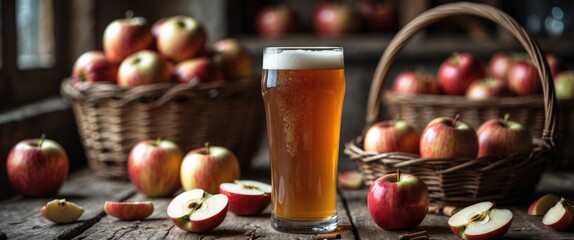 Old kitchen table adorned with apple cider and apples.