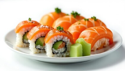 Variety of sushi rolls on a plate, white background , cuisine, soy