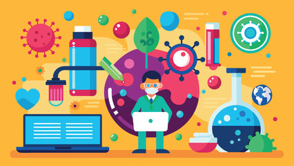 A scientist stands focused with a laptop, surrounded by various lab equipment, colorful microbes, and plants, illustrating the vibrant world of scientific research and discovery.