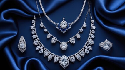 Fototapeta premium Stunning diamond jewelry displayed against a blue backdrop. Banner. Design. Overhead view.