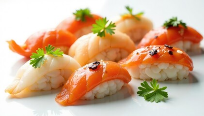 Various Japanese appetizers on white background , lunch, asian, fresh