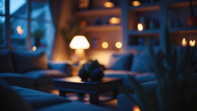 Dimly lit Halloween-themed living room with glowing lamp, sofas, and table