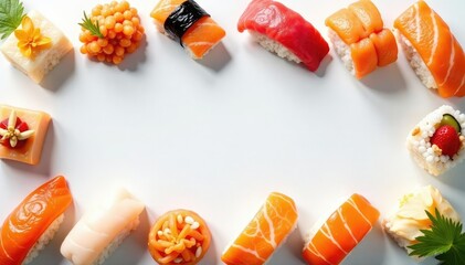 Various sushi pieces arranged on white background , overhead shot, eat