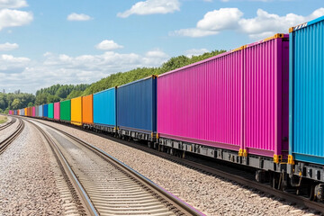 Fototapeta premium Vibrant intermodal containers transporting goods along railway tracks in a chaotic logistics setting