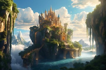 Fantasy Castle in the Sky with Magical Floating Islands and Golden Sunlight