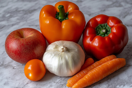 Fresh ingredients include apples, bell peppers, garlic, tomatoes, and carrots suitable for healthy meals and recipes