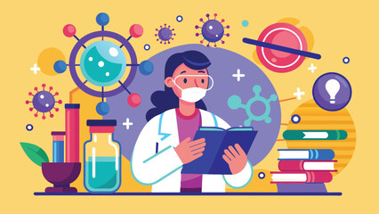 A scientist wearing a lab coat and face mask studies notes in a laboratory filled with various beakers, test tubes, and colorful molecular models on a bright background.