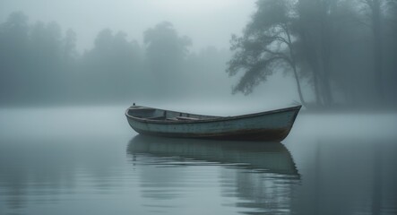 Morning fog over the lake with a boat